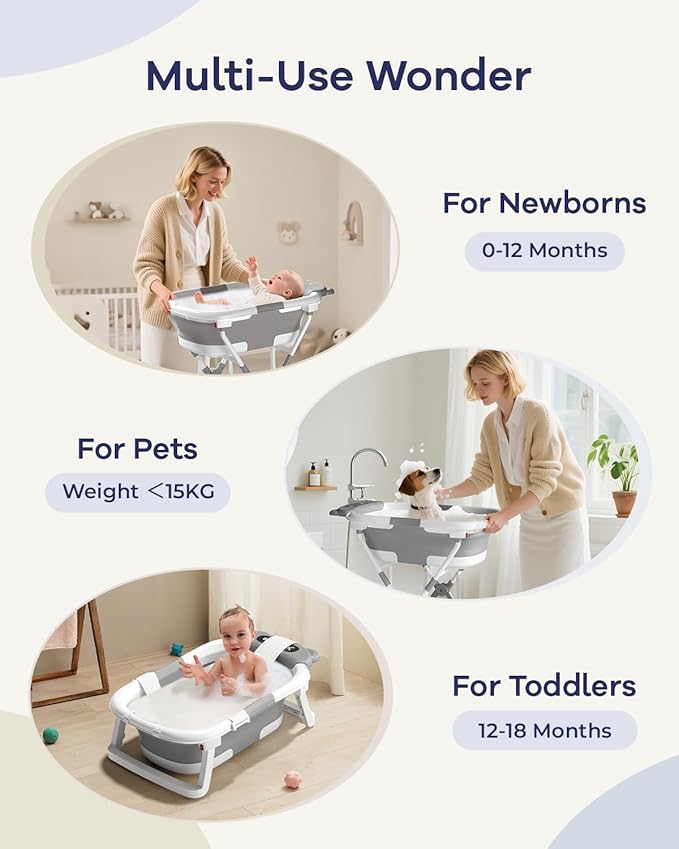 AVIDOR 2-in-1 Baby Bathtub with Stand for Newborn and Infants, Foldable Baby Bath Tub, Baby Shower Gifts for New Parents, Gray