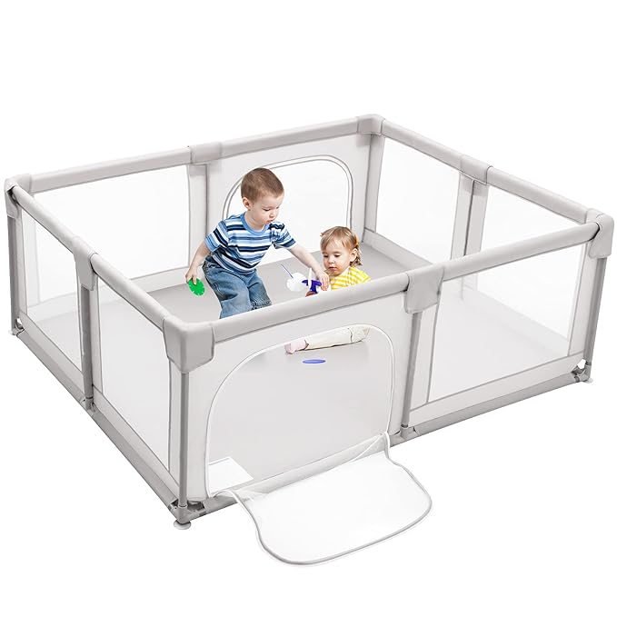 Costzon Baby Playpen, Extra Large Playard for Babies, Infant Safety Gates Indoor Outdoor, Children's Fences with Anti-Slip Suckers/Gates/Breathable Mesh Walls (75'' x 59'' x 27.5'', Grey)