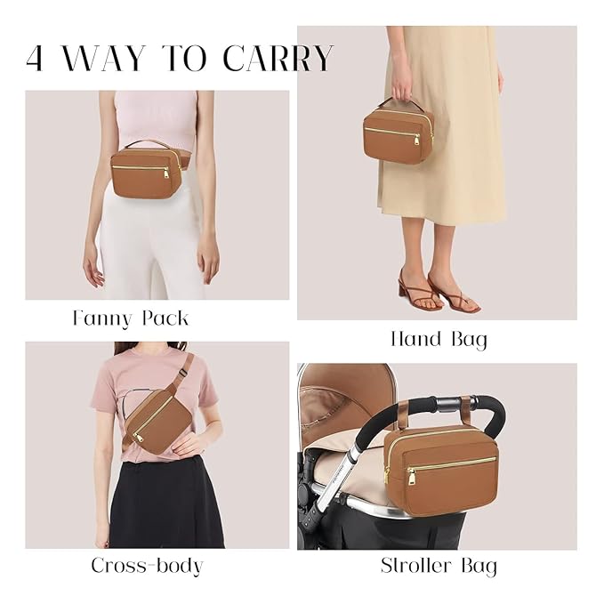 printe Small Diaper Bag with Portable Changing Pad, Crossbody Women Waist Bag with Wipes Pocket for Travel, Stroller Diaper Fanny Pack, Brown