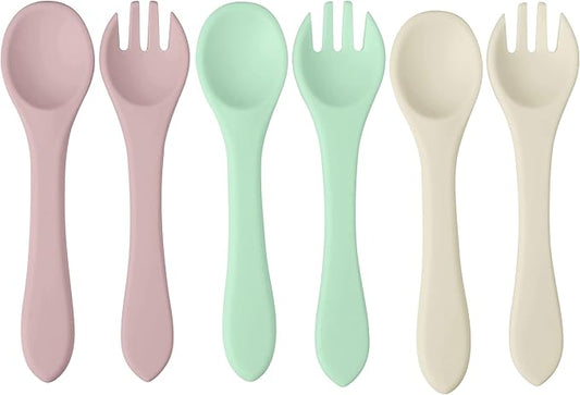 PandaEar Silicone Baby Spoon and Fork Set | 6 Pack First Stage Toddler Self Feeding Utensils 6-12 Months | LED Weaning Spoons