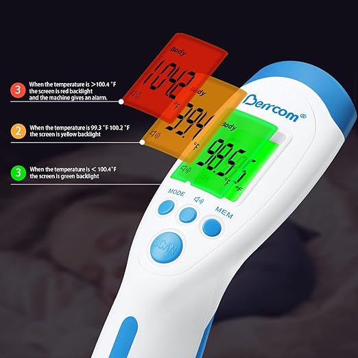 Berrcom Non-Contact Infrared Forehead Thermometer for Adults and Kids, 3-in-1 Digital Fever Thermometers with LCD Display and Fever Alert, Contactless Temperature Reader