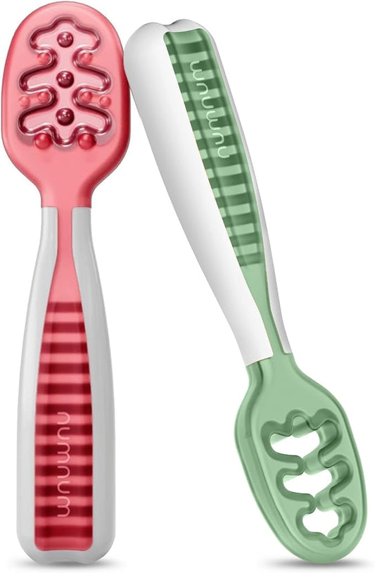 NumNum Baby Spoons Set, Baby Essentials Pre-Spoon GOOtensils for 6+ Months, First Stage Self-Feeding Spoons for Baby Led Weaning (BLW), Silicone Toddler Utensils, BPA-Free, 2 Pack Red/Green