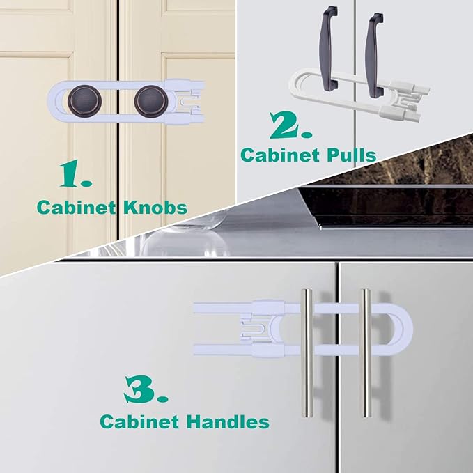 Sliding Cabinet Child Safety Locks - OKEFAN Baby Proofing Cabinet Lock Cupboard Latches for Kids on Closet Door Knobs Handles Pulls No Drill (8, White)