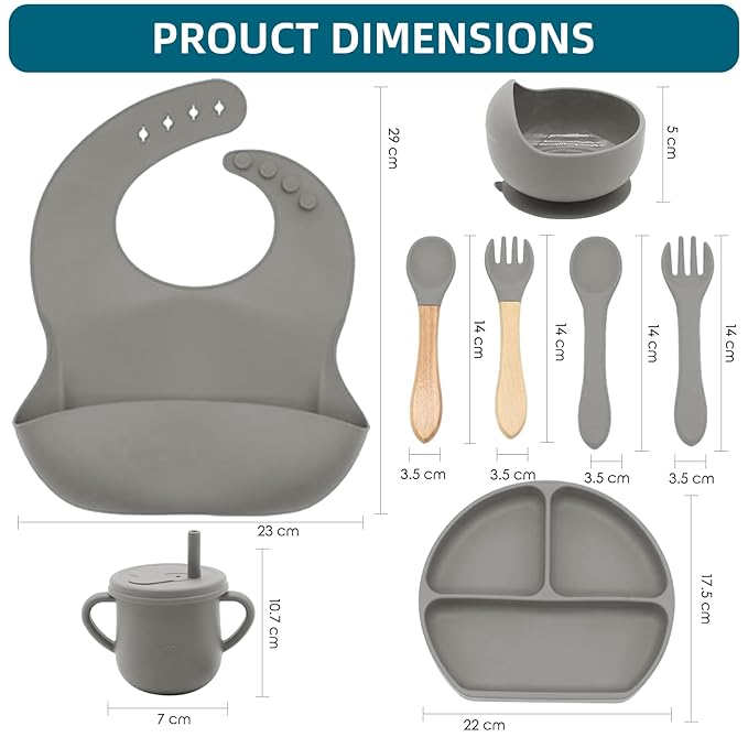 Dormlony 100% Silicone baby feeding set,BPA free Baby dishes set with Suction Bowl Divided Plate,Toddler Self Feeding Dish Set with Spoons Forks Sippy Cup And Bib, Baby Eating Utensils (Grey)