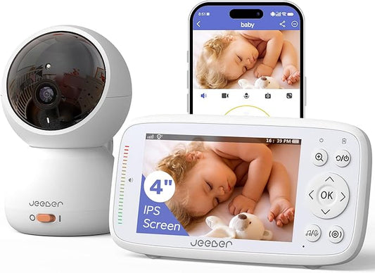 1080P WiFi Baby Monitor with Camera and Audio, Pan-Tilt-Zoom Video Camera, 4'' IPS Screen, HD Night Vision, Motion & Cry Detection, 360° View, Temperature Sensor, Feeding Reminder, Lullabies