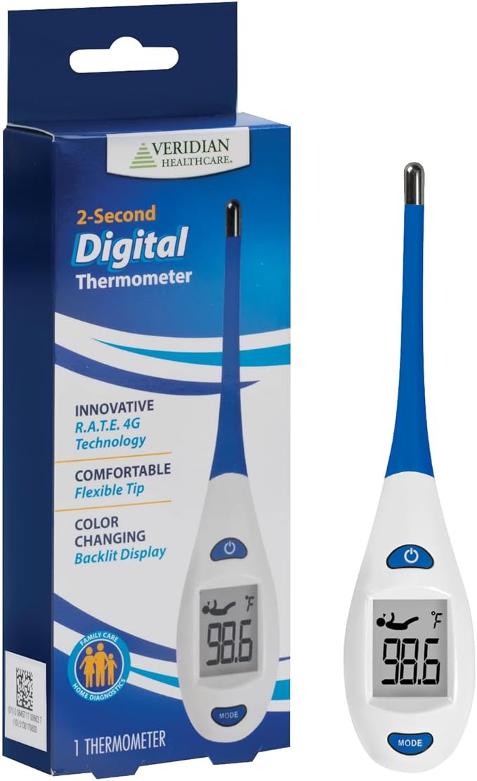 Veridian Digital Thermometer | 2-Second Readout | Rate Rapid Read Technology| Flexible Tip | Hygienic Water-Resistant Easy Cleaning | Storage Case + Instructions Included