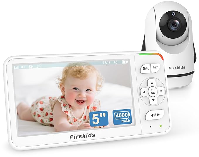Baby Monitor, 5” Video Baby Monitor with Camera and Audio, 32-Hour Battery, Non WiFi, 2 Way Talk, Temp Sensor, Auto Night Vision, Pan Tilt Zoom Camera, Suitable for Monitor Baby and Elderly