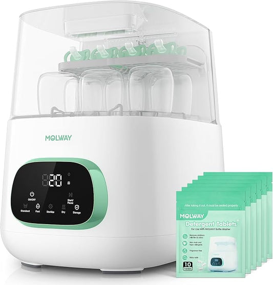 MOLWAY【Upgraded】Baby Bottle Washer, Sterilizer and Dryer, All-in-One Pro Cleaning Machine for Bottles, Pump Parts & Baby Essentials, Effortless Care, Replaces Hand Washing