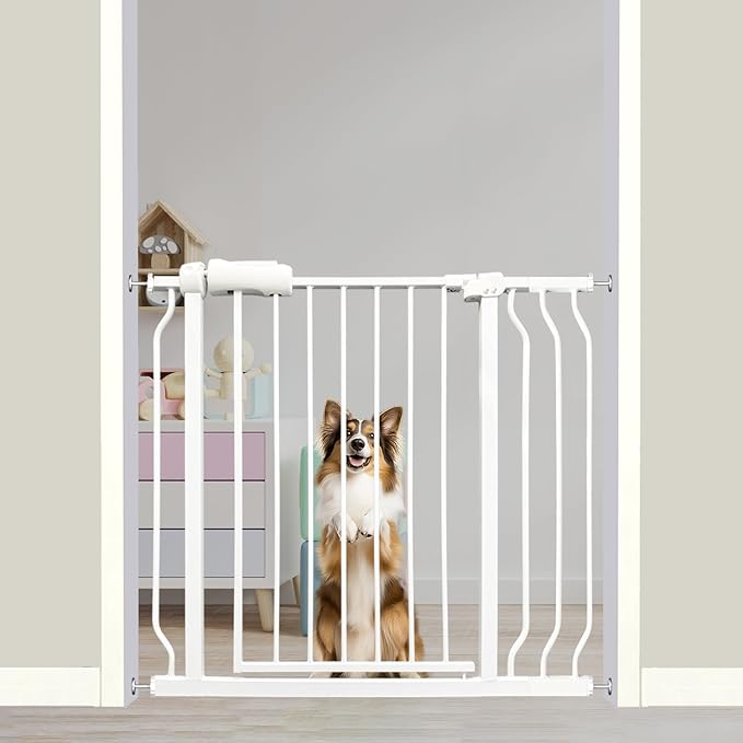 Auto Close Baby & Dog Gate 34-38.5 Inch, Tension Safety Gate Indoor, White Metal, Walk-Through Child Gate for Kids & Pets