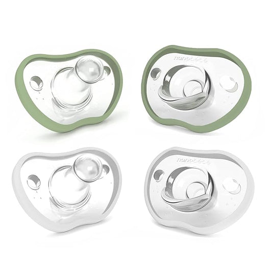 Nanobebe Baby Pacifiers 0-3 Month - Orthodontic, Curves Comfortably with Face Contour, Award Winning for Breastfeeding Babies, 100% Silicone, Baby Registry Gift 4pk, Sage/White