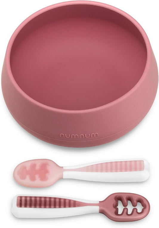 NumNum Baby Bowl & 2 Pack GOOtensils Baby Spoons, Suction Bowls for Baby 4+ Months, Extra Strong Non-Slip Suction, 100% Food-Grade Silicone, BPA-Free, Microwave & Dishwasher Safe (Mauve)