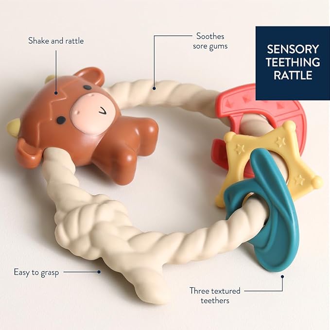 Itzy Ritzy Silicone Teether with Rattle; Rattle Teether Features Rattle Sound, Three Silicone Teething Rings and Raised Texture to Soothe Gums; Ages 3 Months and Up (Highland Cow)