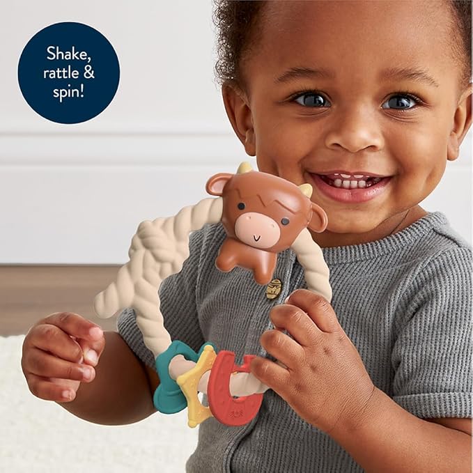 Itzy Ritzy Silicone Teether with Rattle; Rattle Teether Features Rattle Sound, Three Silicone Teething Rings and Raised Texture to Soothe Gums; Ages 3 Months and Up (Highland Cow)