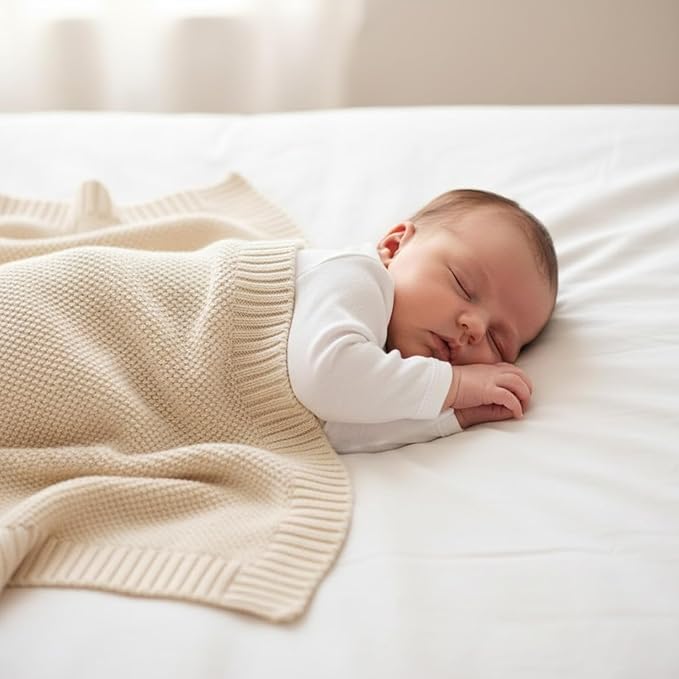 Grewear Baby Knit Blanket Soft Cotton Lightweight Newborn Blanket for Crib Stroller Toddler Nursery Shower Gift Cozy Breathable Travel Swaddle Wrap Cream 36 x 28 Inches