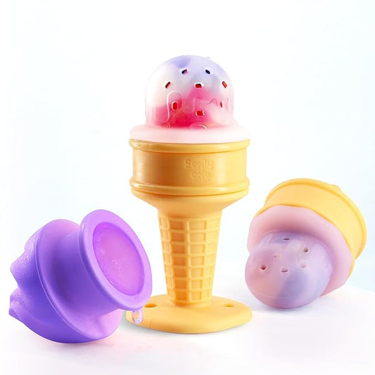Smily Mia Baby Fruit Food Feeder & Freezer Teether Combo, ICY Bite Ice Cream Teether for Baby Cooling Relief, BPA Free Silicone Feeder for Safe Infant Self Feeding, 3 Month+,Purple