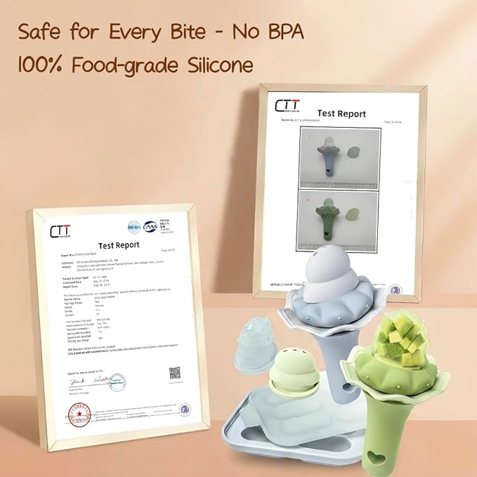 Moonkie Baby Fruit Feeder with Freezer Tray, BPA Free Silicone Food Feeder for Infant Self Feeding, Breastmilk Popsicle Molds, Mesh Feeder with Two Pouches, Baby Shower Gifts 4 Months+, 2 Pack