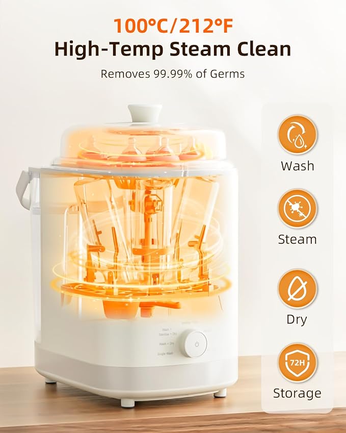 KISSBOBO Baby Bottle Washer, Sterilizer and Dryer 28 Nozzles with 360° Omni-Directional Spray, 72-Hour Clean Storage, Dual-Layer Adjustable Rack for Multiple Bottle Sizes with 60Pcs Detergent Tablets