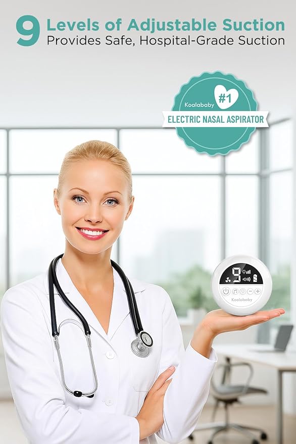 Koalababy Electric Nasal Aspirator for Baby – Hospital-Grade Nose Suction, 9 Suction Levels, Baby Nose Sucker, Nasal Cleaner, Night Light & Music, Soft Silicone Tips, Travel Bag