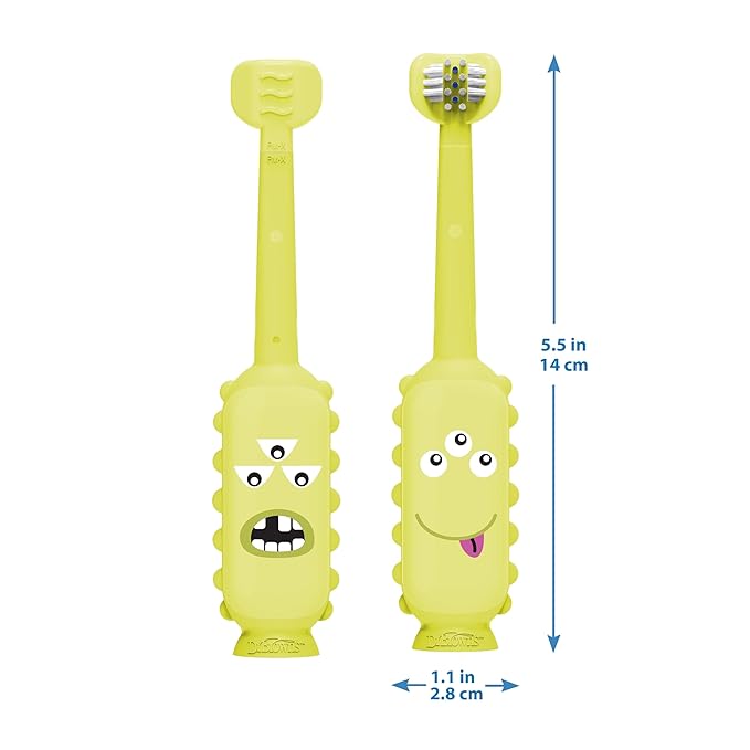 Dr. Brown's ToothScrubber Toddler Toothbrush, Triple-Sided Training Toothbrush with Suction Cup Base, Green Monster, Baby Oral Care, Ages 1-4 Years