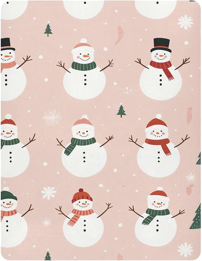 Pfrewn Christmas Crib Sheets for Boys Girls Cute Snowmen Pink Christmas Trees Fitted Crib Sheet for Mini Crib Mattress Stretch Soft Winter Pattern Toddler Baby Playard Sheet,39x27IN