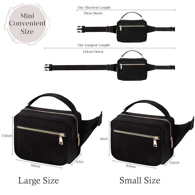 printe Small Diaper Bag with Portable Changing Pad, Crossbody Fanny Pack with Wipes Pocket for Stroller, Women Waist Bag for Travel, Black Large