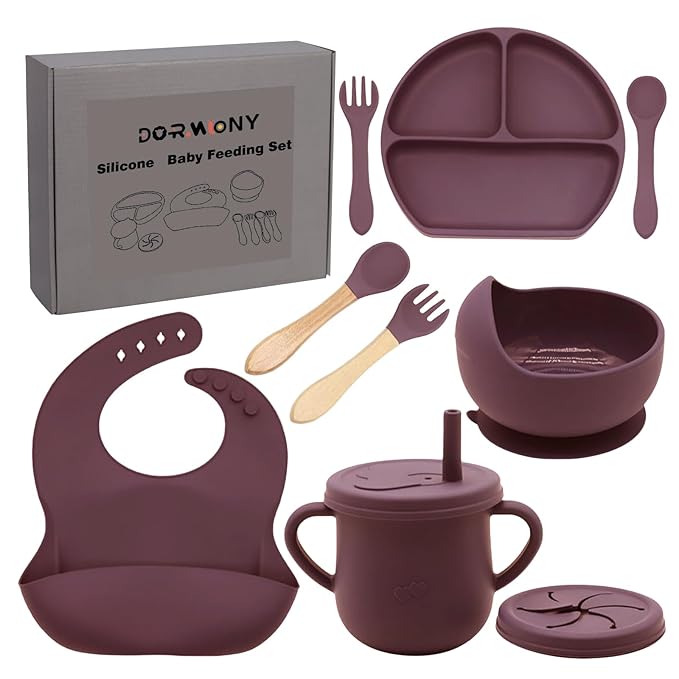 Dormlony 100% Silicone Baby Feeding Set, BPA Free Dishes With Suction Bowl, Divided Plate, Toddler Self Feeding Utensils, Spoons, Forks, Sippy Cup and Bib (Dark Red)