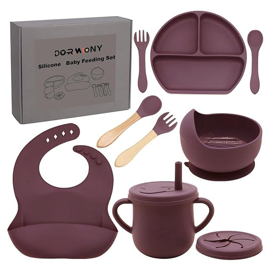 Dormlony 100% Silicone Baby Feeding Set, BPA Free Dishes With Suction Bowl, Divided Plate, Toddler Self Feeding Utensils, Spoons, Forks, Sippy Cup and Bib (Dark Red)