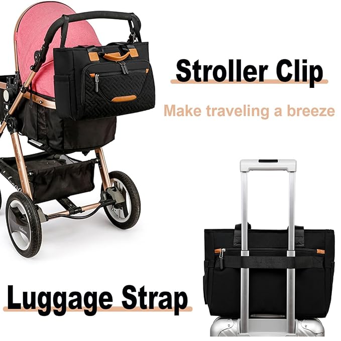 Diaper Tote Bag, 4 in 1 Tote Diaper Bag with 16" Laptop Compartment, Baby Bag with 3 Insulated Pocket for Mam and Dad, Ideal for Travel, Work (Black) | Gift for New Moms, Machine Washable