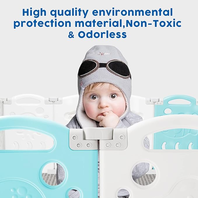 Albott Baby Playpen, 22 Panels Foldable Baby Fence with Game Panel and Safety Gate, Adjustable Shape, Portable Play Yards for Children Toddlers Indoors or Outdoors (White+Blue, 22 Panel)