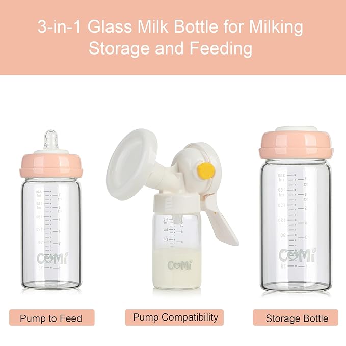 COMI Wide Neck Glass Breastmilk Collection n Storage Bottle, 8oz with Screw Ring Sealing Disk; Re-markable Sealing Disc. BPA Free, Fits Breast Pumps & Nipples (2 Pink Lids)