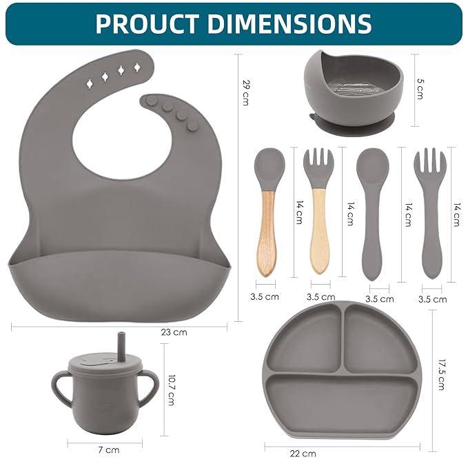 Dormlony 100% Silicone baby feeding set,BPA free Baby dishes set with Suction Bowl Divided Plate,Toddler Self Feeding Dish Set with Spoons Forks Sippy Cup And Bib, Baby Eating Utensils (Light Brown)