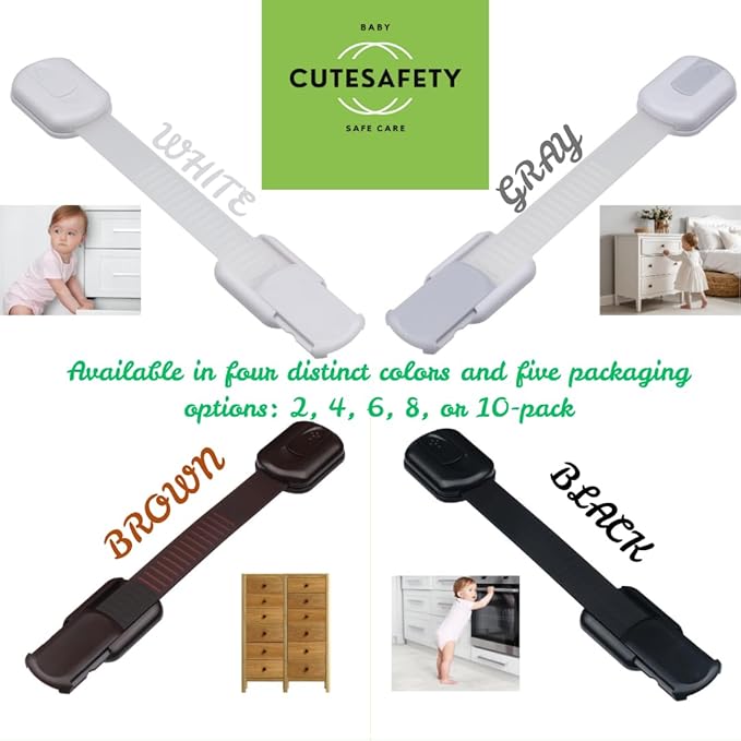 Child Safety Cabinet Locks (8 Pack) – Adjustable Baby Proofing Strap Latches with Strong 3M Adhesive – No Drill Childproof Locks for Drawers, Cabinets, Fridge, Door, Closet, Brown