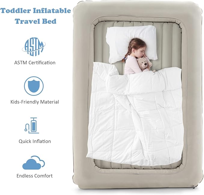 Costzon Toddler Travel Bed, Portable Toddler Bed with Detachable 2 Sided Air Mattress, Electric Pump, Storage Bag, Inflatable Blow Up Kids Bed, Perfect for Boys Girls Travel, Camping, Sleeping (Gray)