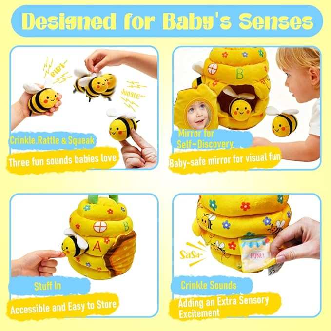 Baby Toys 6-12 Months, Beehive Montessori Toys for 1 Year Old with 5 Sensory Bees Stuffed Animals, Crinkle, Rattles, Squeaker, Jingle Bells, Mirror, Infant Toy Birthday Christmas Gift
