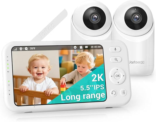 Jartoo 2K 5.5" Video Baby Monitor with 2 Cameras and Audio,AI Cry Detect 1860ft Long Range Baby Monitor No WiFi Baby Camera Wireless,Clear Night Vision,ANC, 2-Way Talk,White Noise,6000mAh [2025 New]