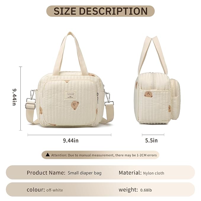 Small Diaper Bag Tote, Crossbody Diaper Bag Mini Purse with 7 Pockets, Travel Baby Bag for Boys & Girls, 2 Bottle Pocket, Off White