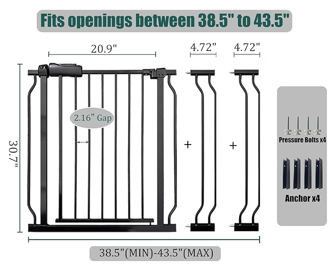 38.5-43.5 Inch Extra Wide Baby & Dog Gate, Pressure Mounted Walk Through, Heavy-Duty Safety Gate for Doorways & Stairs, Black Metal with Extension Kit