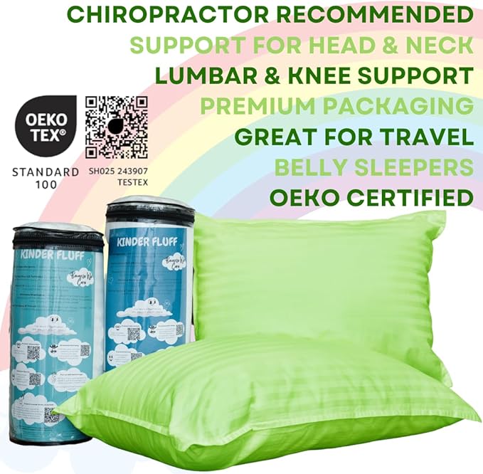 kinder Fluff Pre-Teen Pillows (2-Pack) 17x26in – Pillows for Kids Age 12+, 100% Cotton Sateen Stripes 300T, Down Alternative Fill, Machine Washable – Travel Cushions – Green – XL