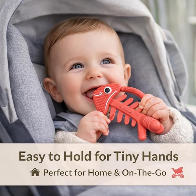 3 in 1 Infant Toys, Baby Teething Toys 3–6 6–12 Months, Teethers for Babies 0–3–6–12 Months for Teething Relief, Baby Gift, Baby Teether Toys, Silicone Sensory Toys, USA Patent Pending, Fish (Coral)
