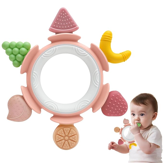 Baby Teething Ring Toy for 3-12 Months, Silicone Infant Teether for Sore Gum Relief, Soothing Sensory Chew Toy, Ideal Newborn Gift for Boys Girls Baby Shower, Birthday or Valentines Day, Pink