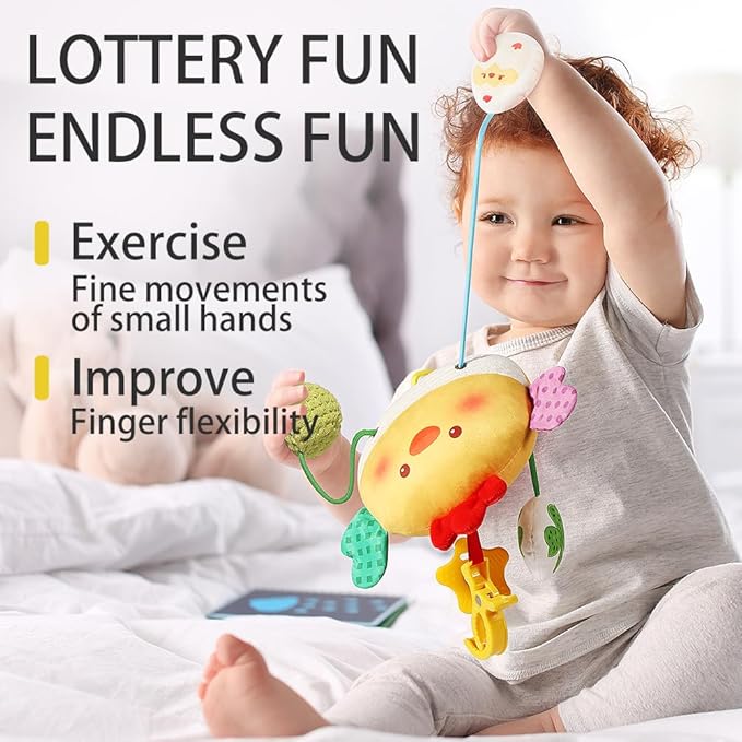 Carseat Toys Hanging for Babies 0-6 Months Boy Girl – Chicken Pull String Baby Toy with Crinkle, Rattle, Mirror, BB Squeaker – Crib Toys Hanging, Stroller, Car Seat Toy, Baby Hanging