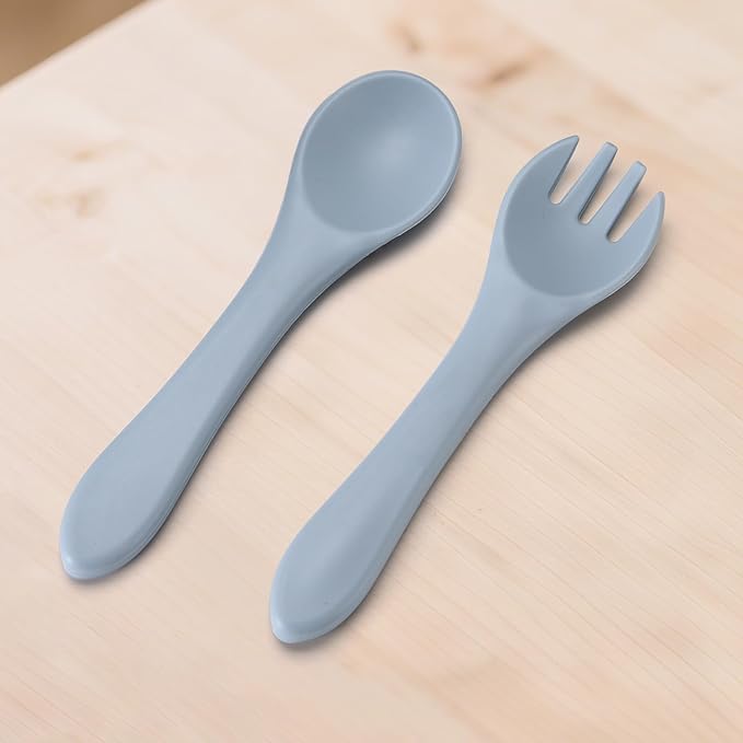 Silicone Baby Feeding Set, Includes Baby Spoons, Toddler Plates and Baby Fork, Suction Plates for Toddlers Divided Design, Microwave and Dishwasher Safe (C-2)