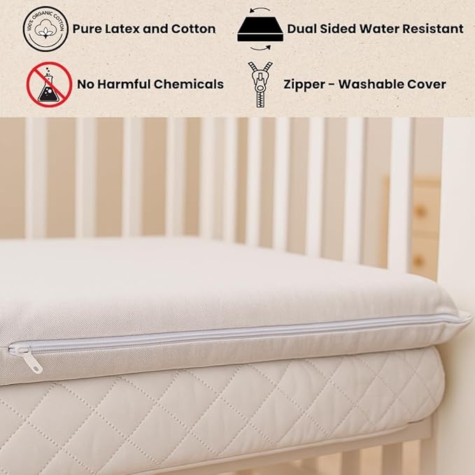 ORGANIC TEXTILES Organic Latex Crib Mattress Topper - 3" Latex for Playard (38"x26") - Breathable GOLS/GOTS Certified – Water-Resistant Organic Cotton Cover – No Polyester, Hypoallergenic, Non-Toxic