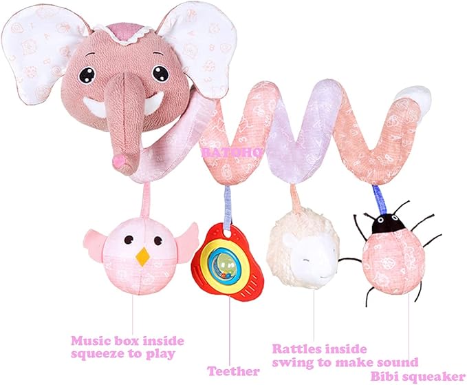 Musical Owl Rattle Sheep Pink Elephant Car Seat Toys for Babies 0-6 Months, Hanging Stroller Toys for Baby Girls 3-6 Month, Newborn Girl Infants Baby Birthday Gift Toy 0-12 Months