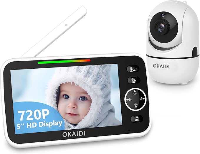 OKAIDI 5" HD Baby Monitor with Camera and Audio, 720P Display, 5000mAh Battery, Remote Pan-Tilt, 3X Zoom, Night Vision, 2-Way Talk, Temperature,Lullabies,1000ft Range Baby Monitor No WiFi