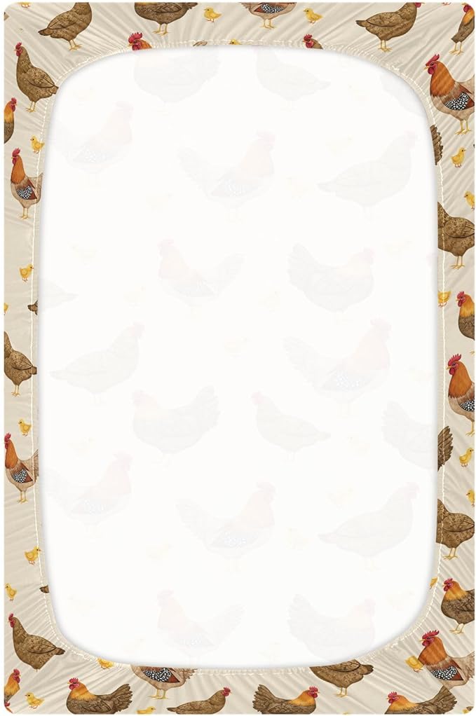Pfrewn Crib Sheets for Boys Girls Hens Roosters Chickens Set Fitted Crib Sheet for Mini Crib Mattress Stretch Soft Toddler Baby Playard Sheet, 39x27x5IN