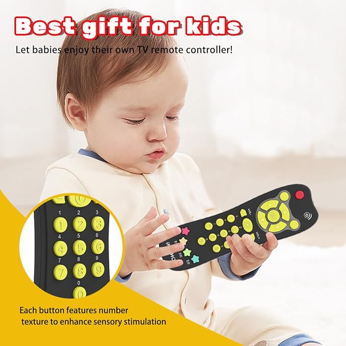 Baby Remote Control Toy, Realistic Toddler TV Remote Toy with Light Sound Kid Learning Education Musical Toys with English French Spanish Infant Gift for Boys Girls 6M+ (Black)