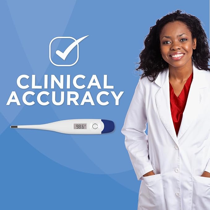 Veridian Digital Thermometer | 60-Second Readout | Fever Alert + Memory Recall| Clinical Rigid Tip | Hygienic Water-Resistant Easy Cleaning | Storage Case + Probe Covers Included