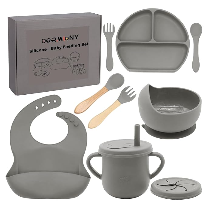 Dormlony 100% Silicone baby feeding set,BPA free Baby dishes set with Suction Bowl Divided Plate,Toddler Self Feeding Dish Set with Spoons Forks Sippy Cup And Bib, Baby Eating Utensils (Grey)