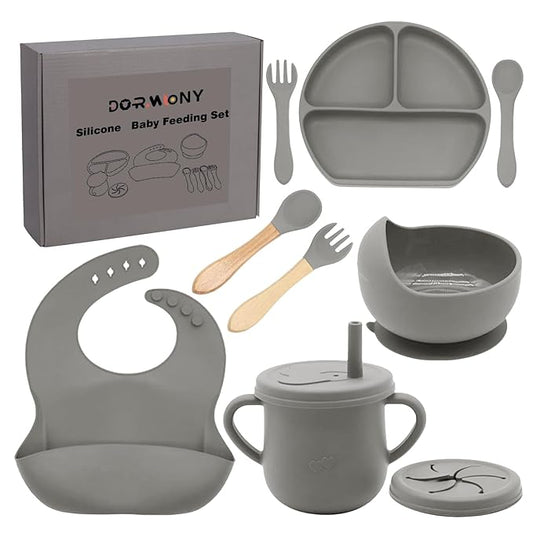 Dormlony 100% Silicone baby feeding set,BPA free Baby dishes set with Suction Bowl Divided Plate,Toddler Self Feeding Dish Set with Spoons Forks Sippy Cup And Bib, Baby Eating Utensils (Grey)